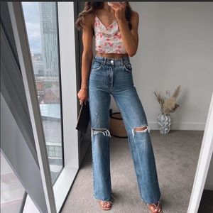 Zara Blue High-Waist Wide-Leg Distressed Jeans